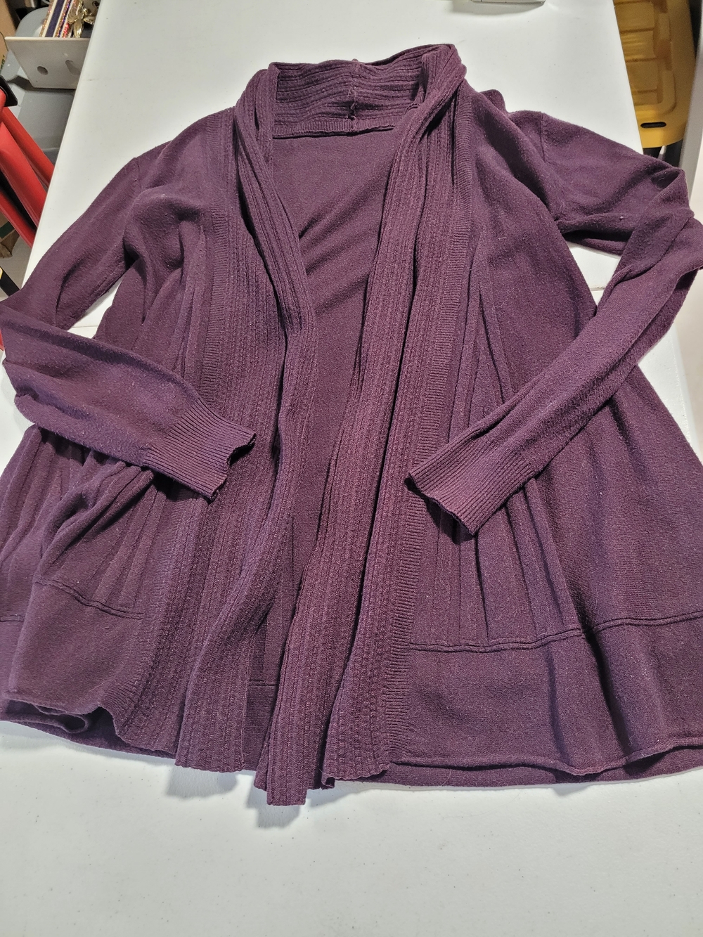 Open-Front Ribbed Trim Cardigan - Plum